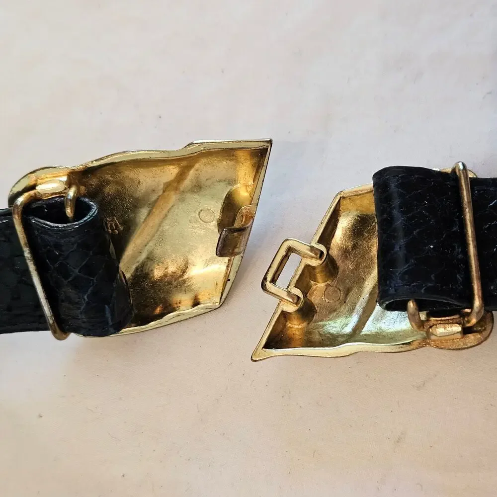 Arrivanto Genuine Snakeskin Belt M Navy Blue Gold Sculptural Buckle Vintage 31